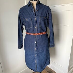 Vintage Calvin Klein Dark Blue Denim 100% Cotton Classic Shirt Dress Size Medium